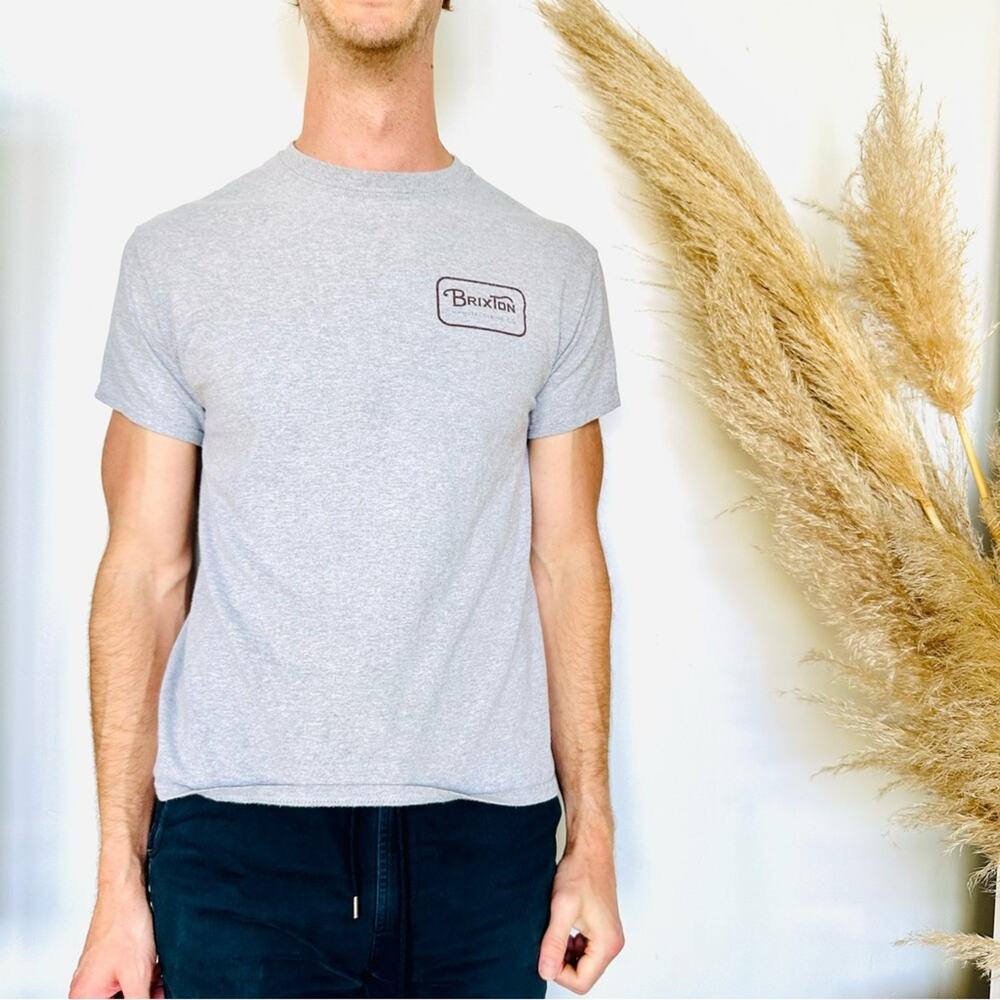 MENS BRIXTON Heather Grey Brown Logo Short Sleeve Classic Tee T Shirt Top M